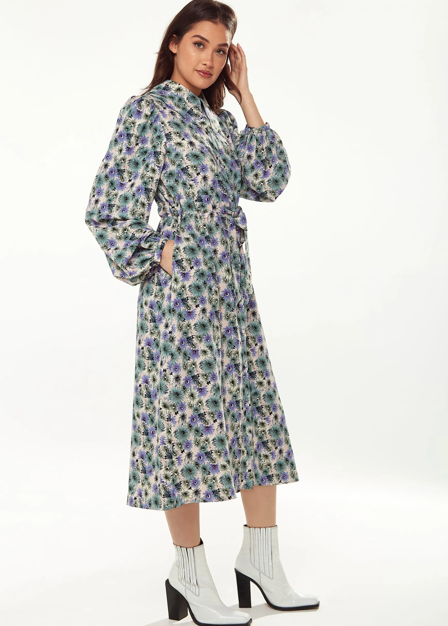 Women's Midi Dress with Floral Print, Peter Pan Collar, Balloon Long Sleeves, Self-Fabric Waist Belt, Button-Up Front