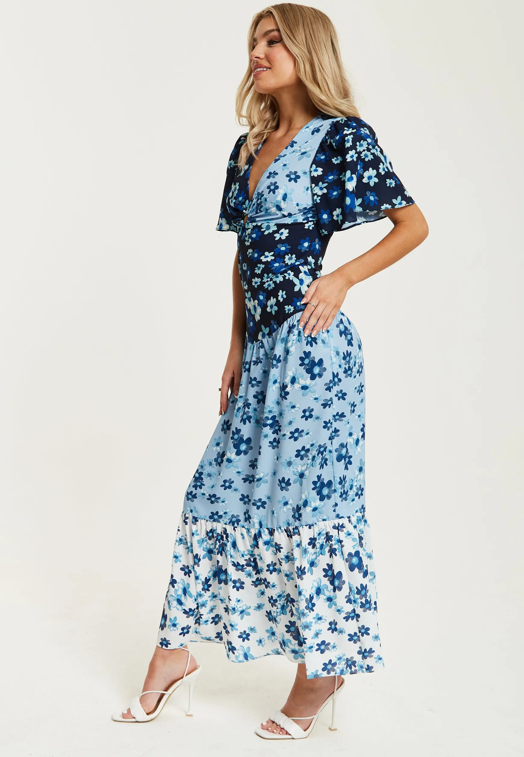 Women's Midi Dress with Floral Print in Blue, Navy and White, Short Sleeves - Liquorish