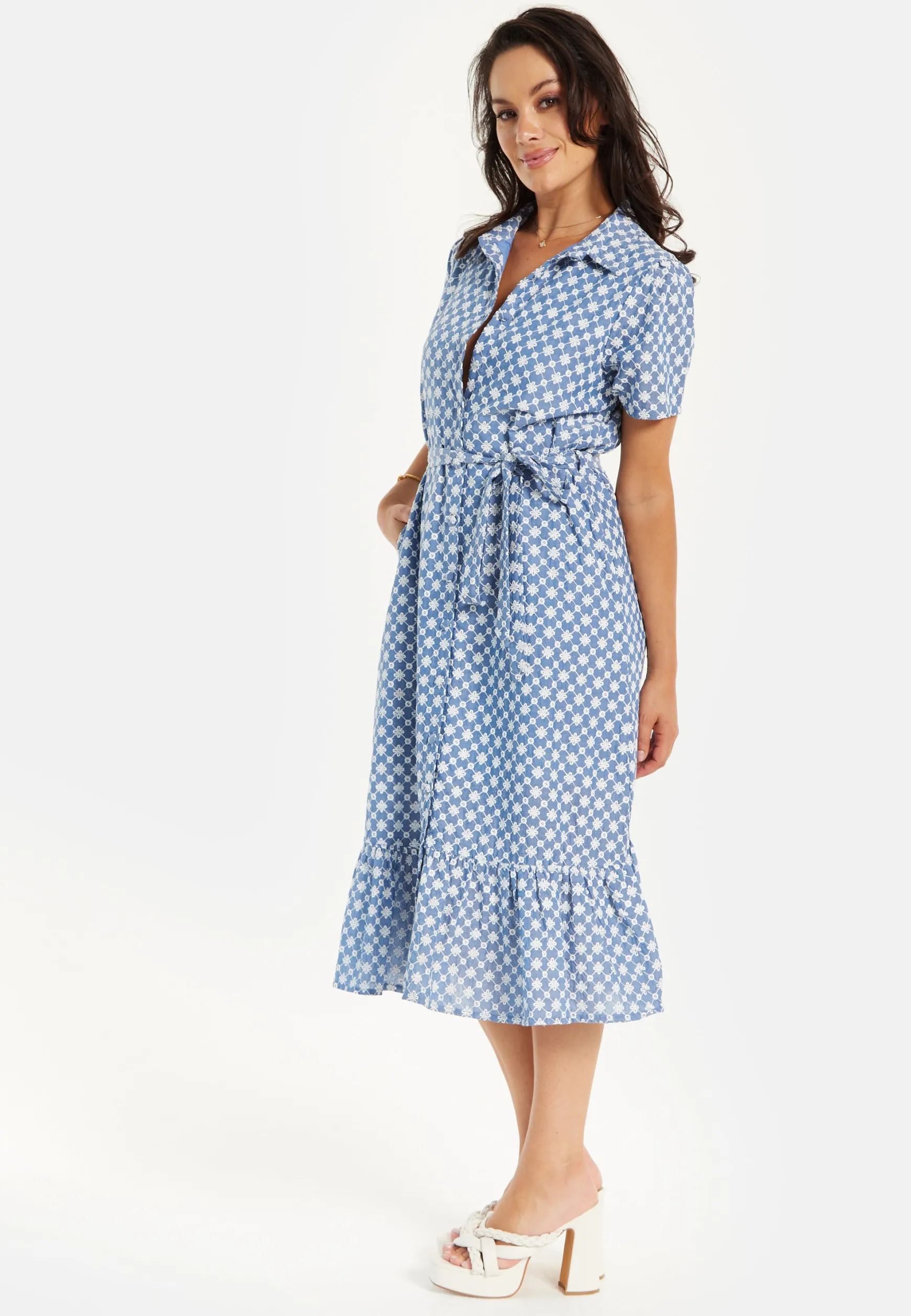 Women’s Midi Dress with Floral Embroidery, Self-Tie Waist, Breathable Short Sleeves, Tiered Ruffle Hem, and Functional Pockets
