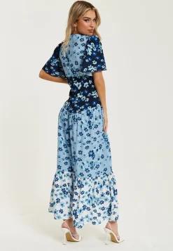Women's Midi Dress with Floral Print in Blue, Navy and White, Short Sleeves - Liquorish