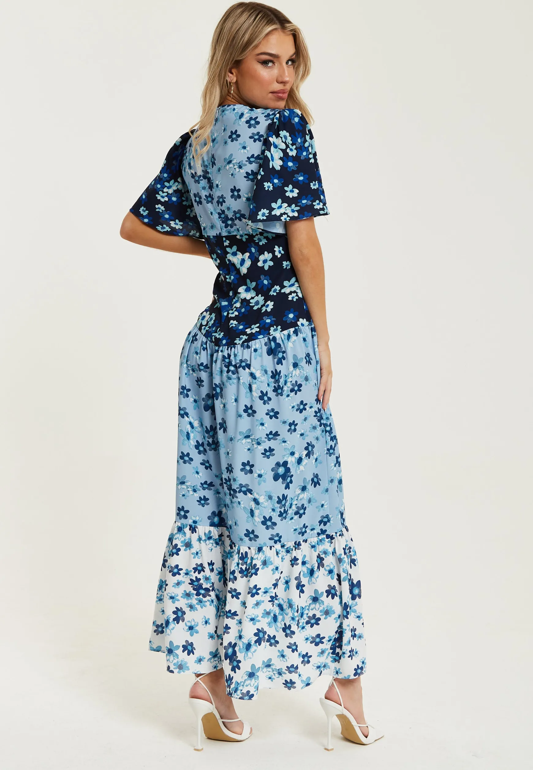 Women's Midi Dress with Floral Print in Blue, Navy and White, Short Sleeves - Liquorish