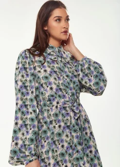 Women's Midi Dress with Floral Print, Peter Pan Collar, Balloon Long Sleeves, Self-Fabric Waist Belt, Button-Up Front