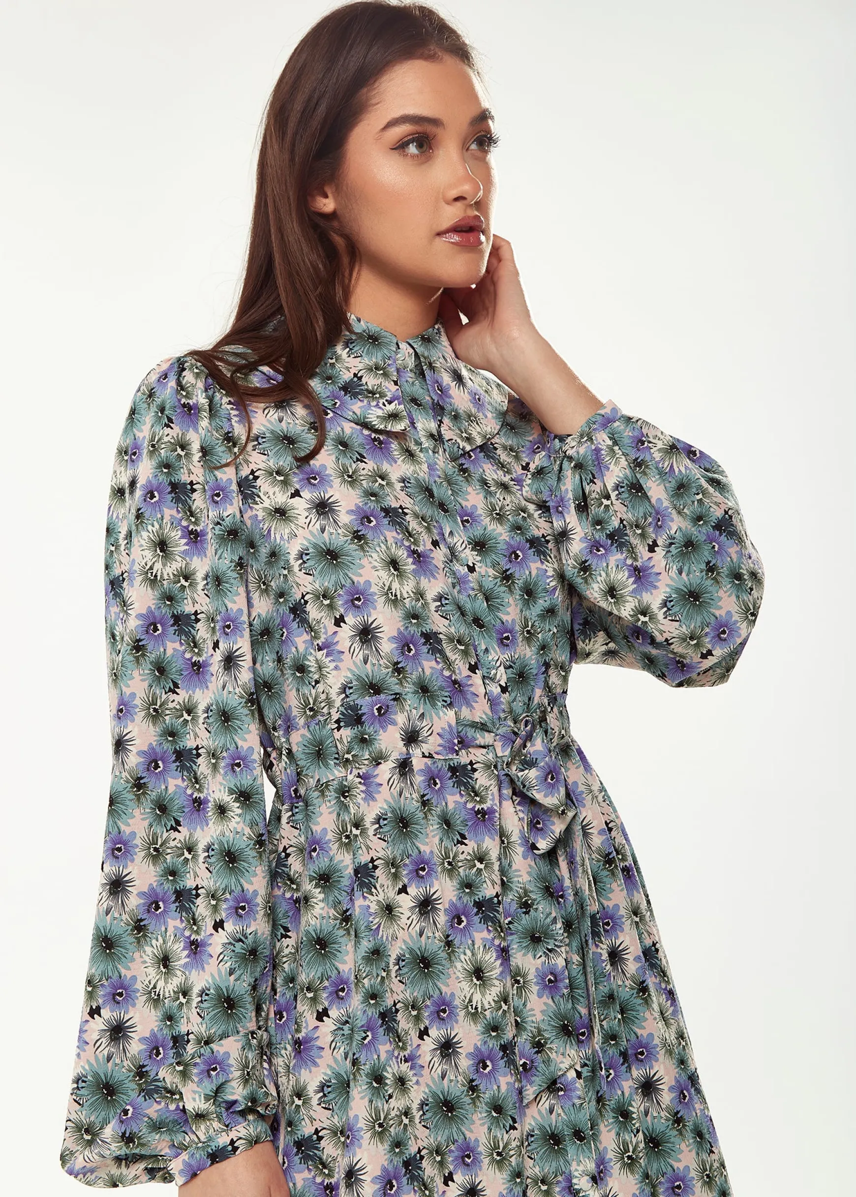 Women's Midi Dress with Floral Print, Peter Pan Collar, Balloon Long Sleeves, Self-Fabric Waist Belt, Button-Up Front