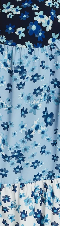 Women's Midi Dress with Floral Print in Blue, Navy and White, Short Sleeves - Liquorish