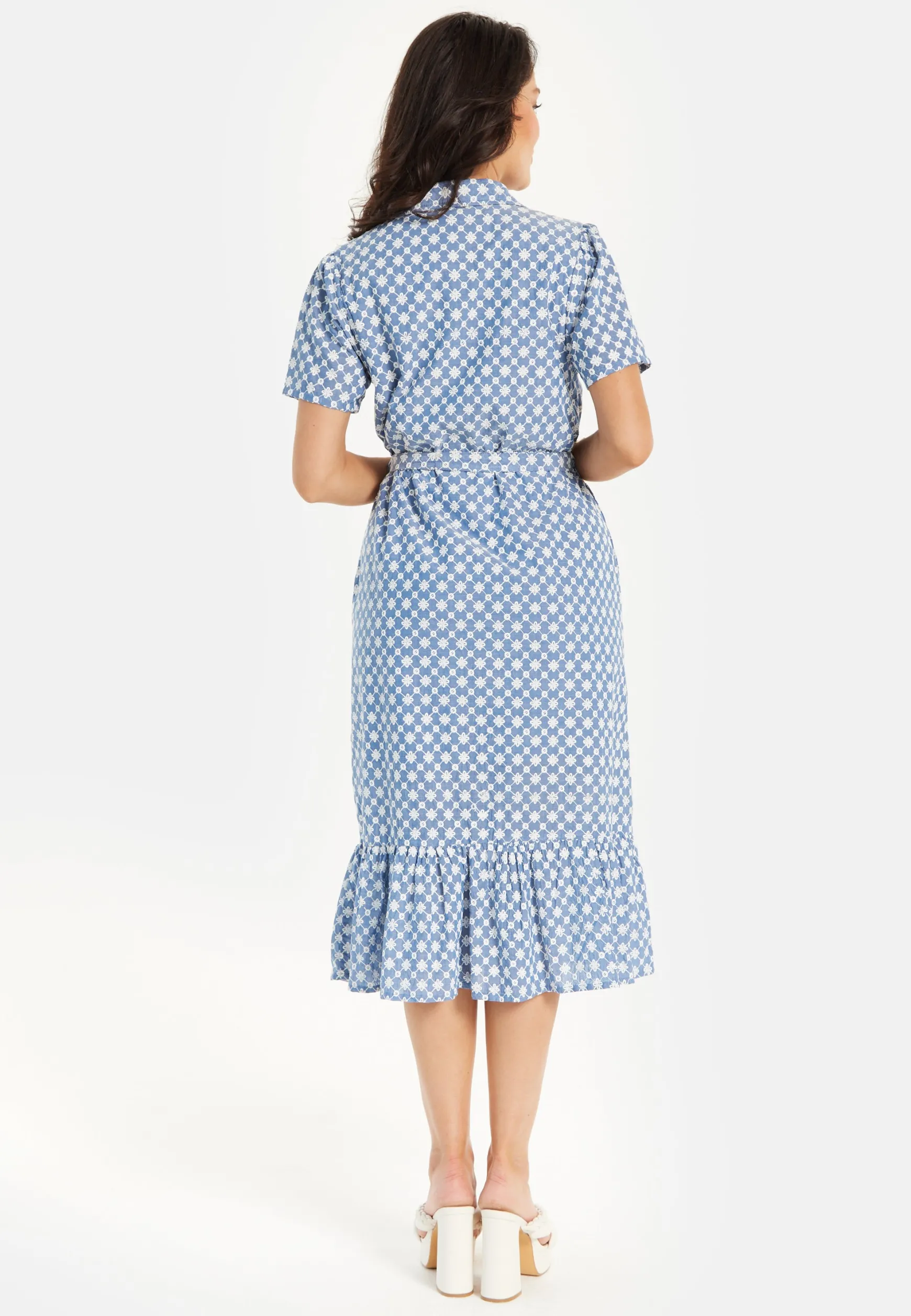 Women’s Midi Dress with Floral Embroidery, Self-Tie Waist, Breathable Short Sleeves, Tiered Ruffle Hem, and Functional Pockets