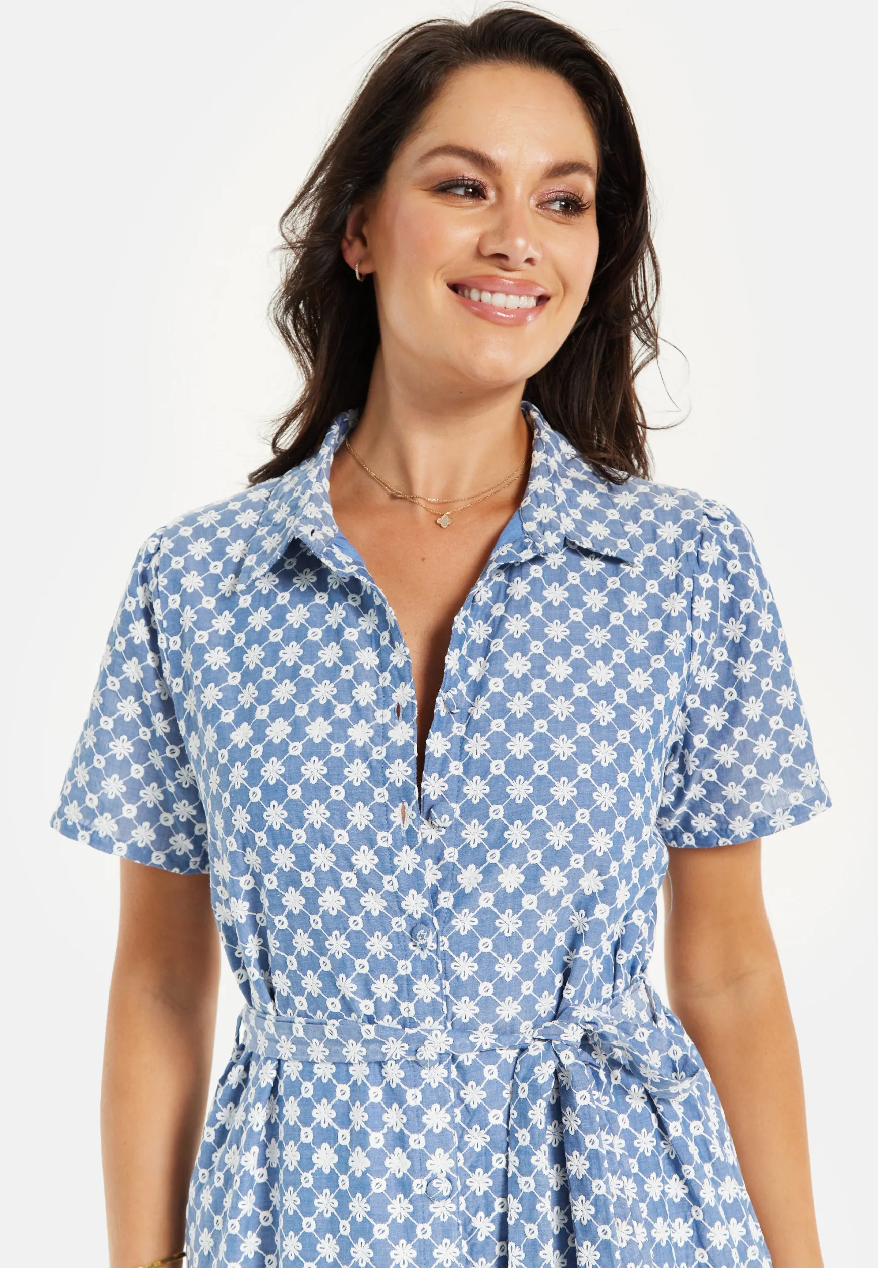 Women’s Midi Dress with Floral Embroidery, Self-Tie Waist, Breathable Short Sleeves, Tiered Ruffle Hem, and Functional Pockets