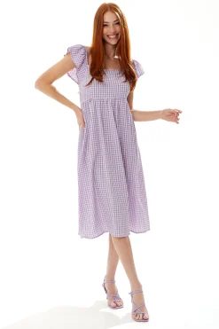 Women's Midi Dress with Frill Sleeves in Lilac Gingham - Stylish Cut Out Back by Liquorish