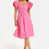 Women's Midi Dress with Frill Sleeves and Ruching Front in Pink - Regular Fit by Liquorish