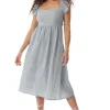 Women's Midi Dress with Frill Sleeves in Blue and Cream Gingham - Cut Out Back and Tie Detail by Liquorish