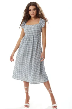 Women's Midi Dress with Frill Sleeves in Blue and Cream Gingham - Cut Out Back and Tie Detail by Liquorish