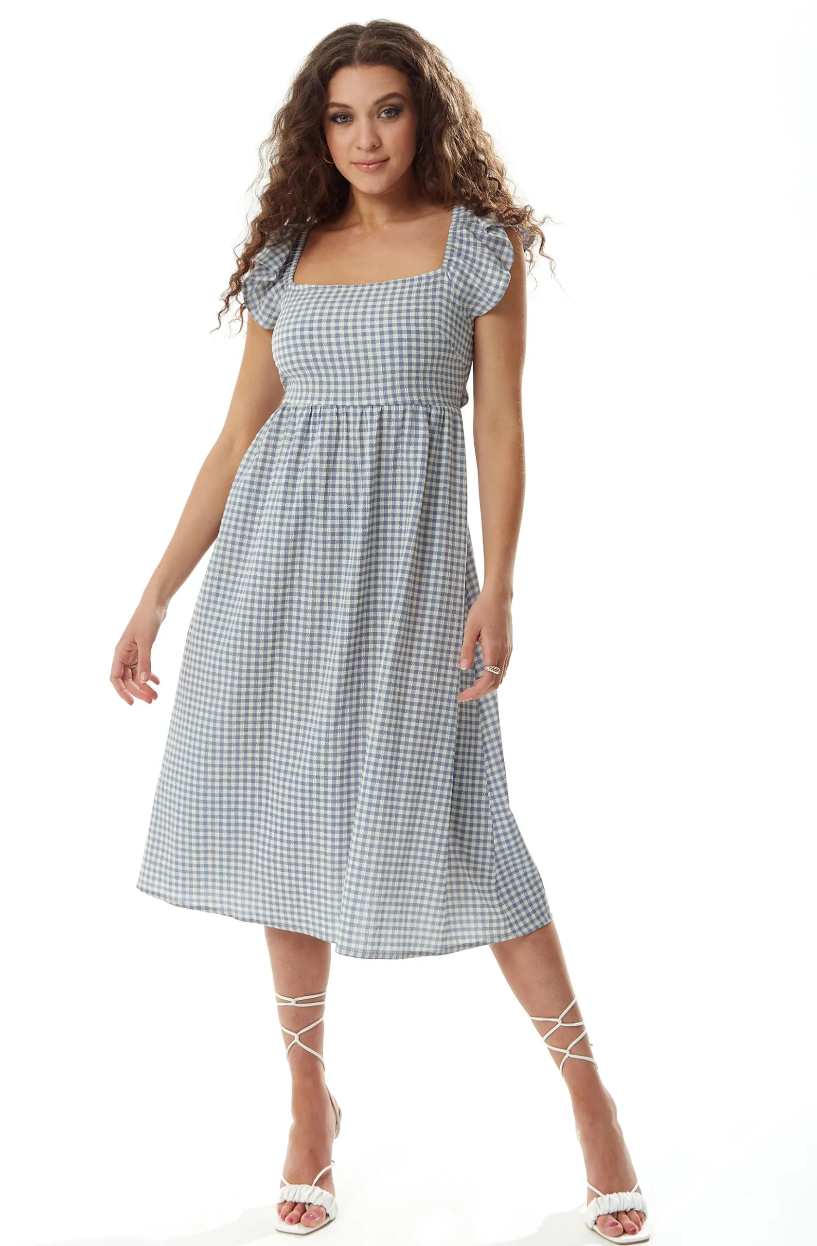Women's Midi Dress with Frill Sleeves in Blue and Cream Gingham - Cut Out Back and Tie Detail by Liquorish