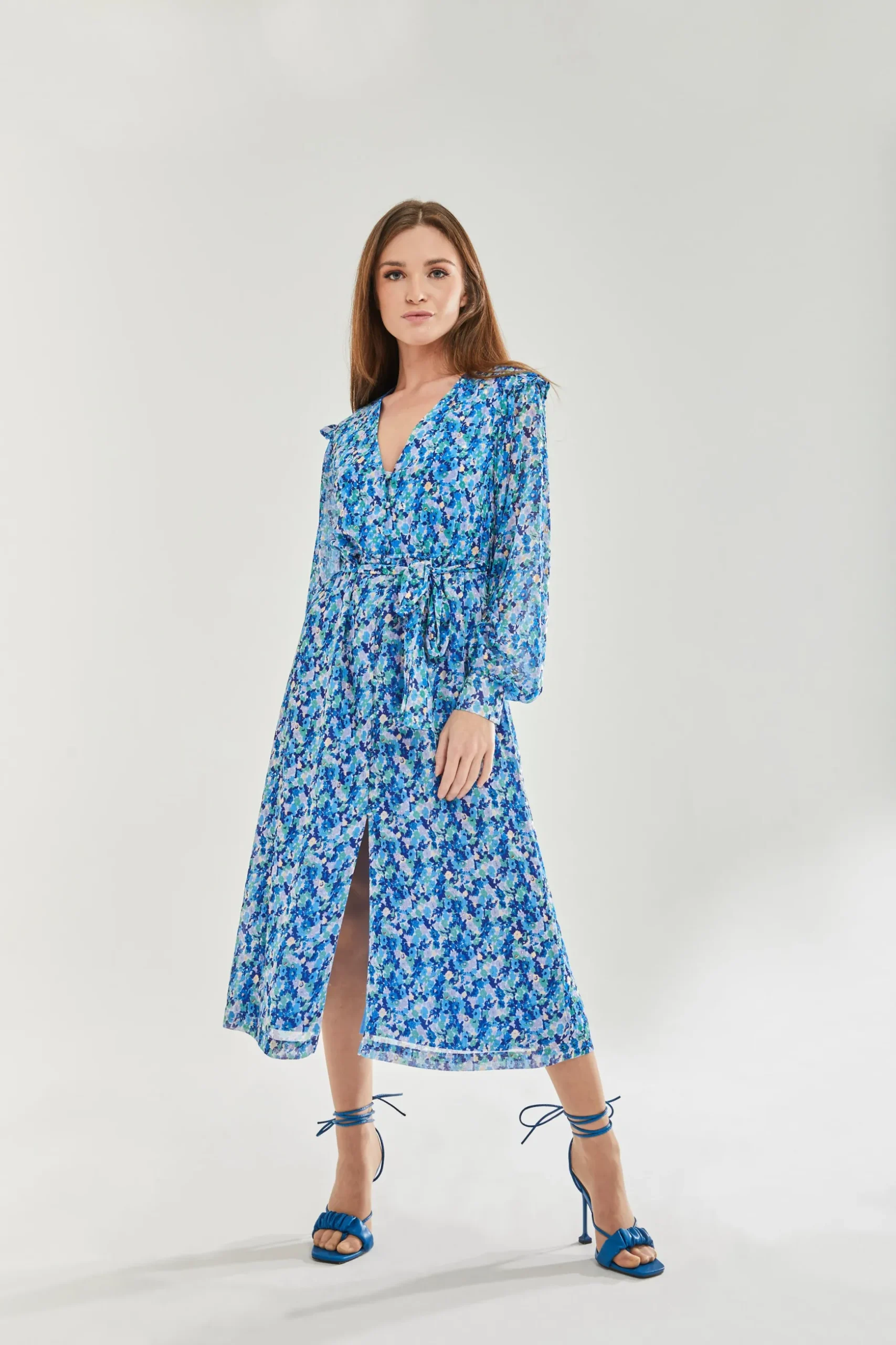 Women's Midi Dress with Frill Sleeves in Blue - Floral & Foil Print by Liquorish