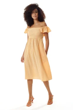 Women's Midi Dress with Frill Sleeves in Orange Gingham - Cut Out Back and Tie Detail by Liquorish