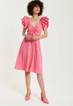 Women's Midi Dress with Frill Sleeves and Ruching Front in Pink - Regular Fit by Liquorish
