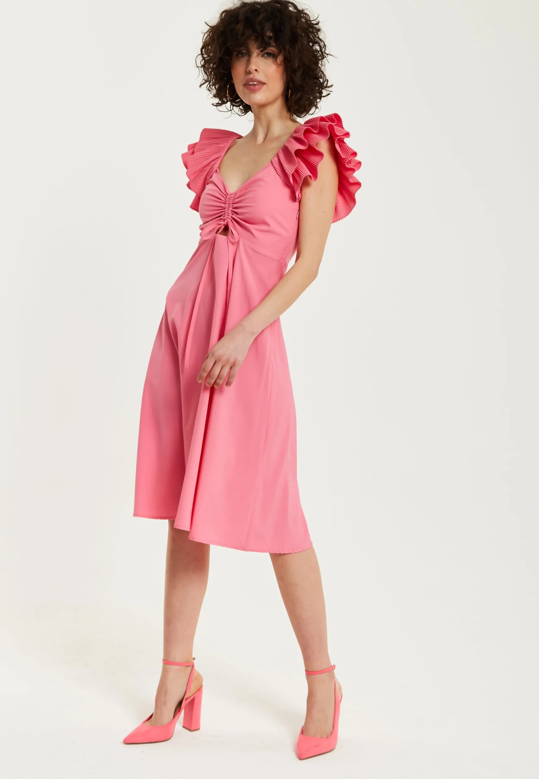 Women's Midi Dress with Frill Sleeves and Ruching Front in Pink - Regular Fit by Liquorish