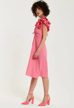 Women's Midi Dress with Frill Sleeves and Ruching Front in Pink - Regular Fit by Liquorish
