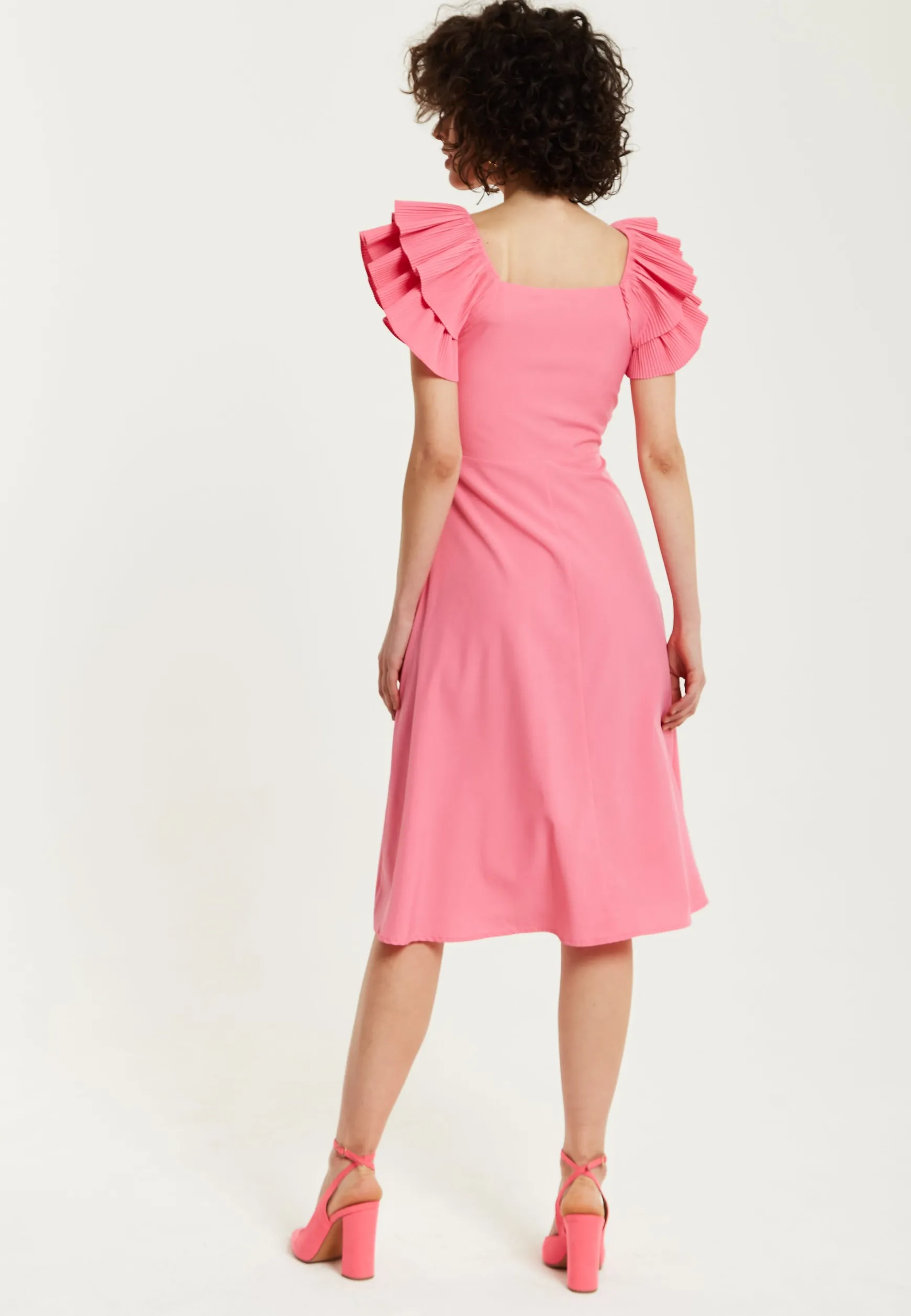 Women's Midi Dress with Frill Sleeves and Ruching Front in Pink - Regular Fit by Liquorish