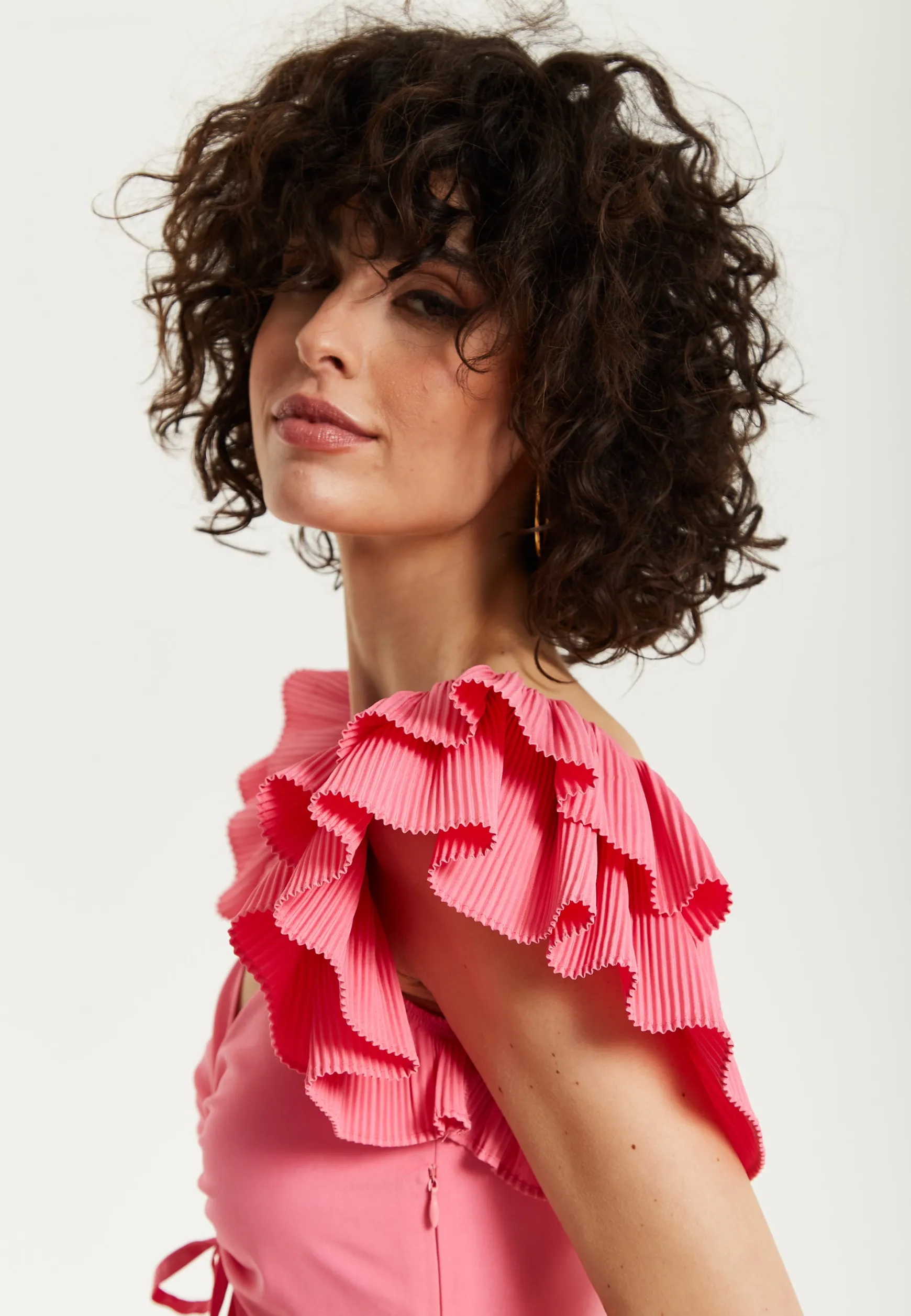 Women's Midi Dress with Frill Sleeves and Ruching Front in Pink - Regular Fit by Liquorish