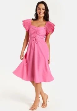 Women's Midi Dress with Frill Sleeves and Ruching Front in Pink - Regular Fit by Liquorish