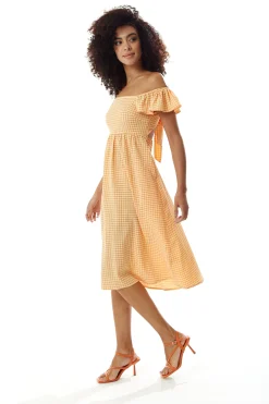 Women's Midi Dress with Frill Sleeves in Orange Gingham - Cut Out Back and Tie Detail by Liquorish