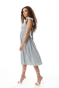 Women's Midi Dress with Frill Sleeves in Blue and Cream Gingham - Cut Out Back and Tie Detail by Liquorish