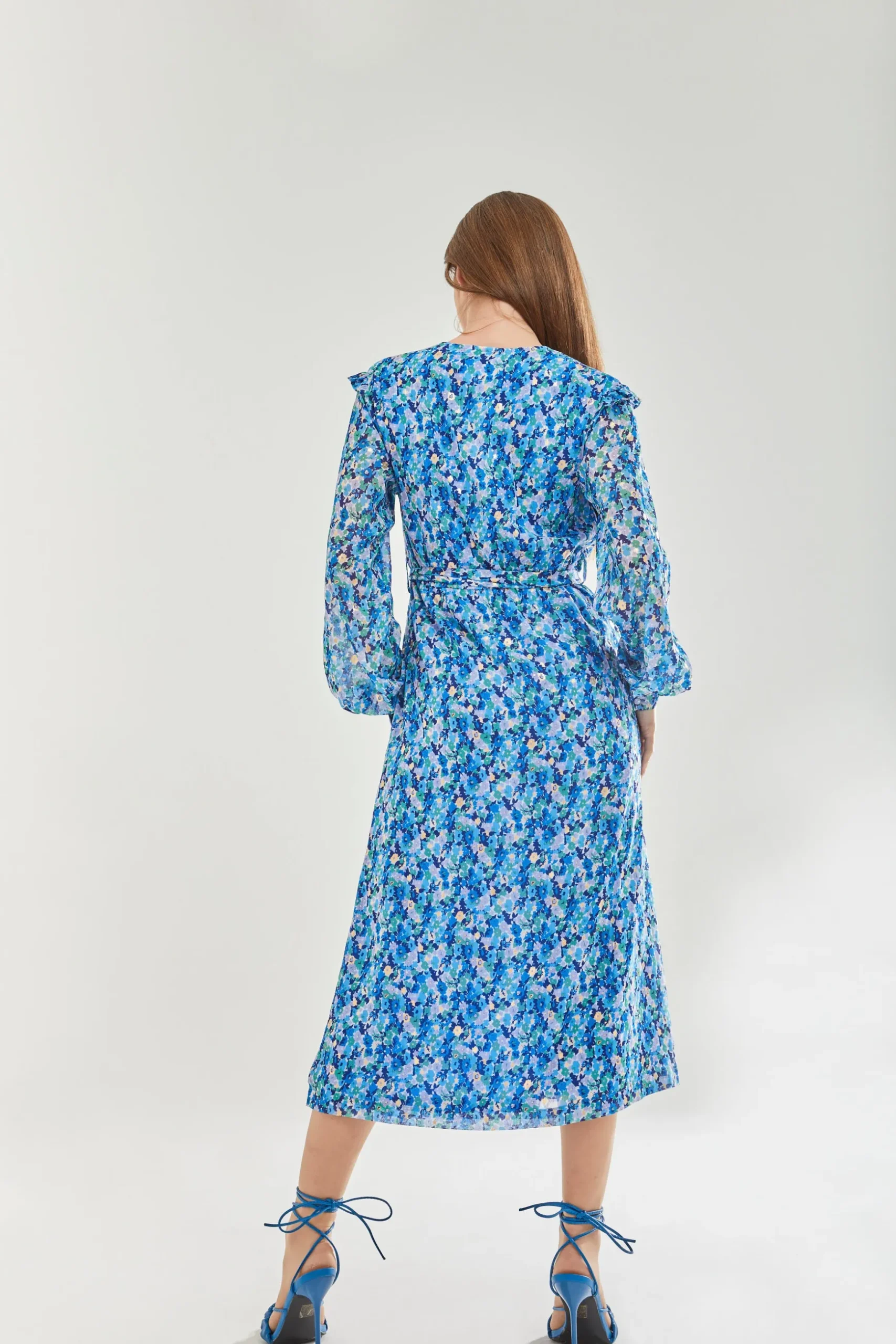 Women's Midi Dress with Frill Sleeves in Blue - Floral & Foil Print by Liquorish