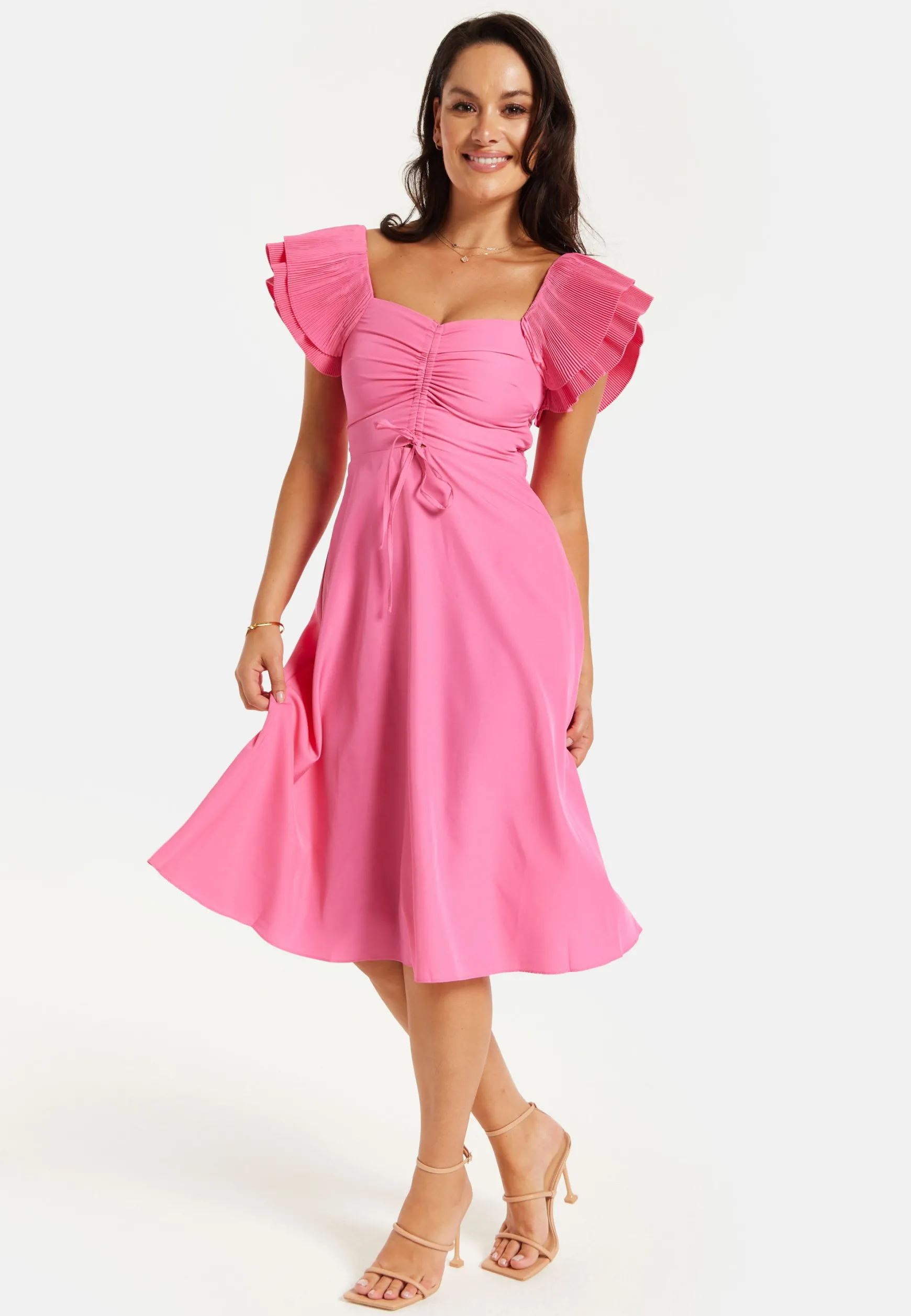 Women's Midi Dress with Frill Sleeves and Ruching Front in Pink - Regular Fit by Liquorish