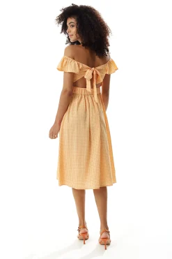 Women's Midi Dress with Frill Sleeves in Orange Gingham - Cut Out Back and Tie Detail by Liquorish