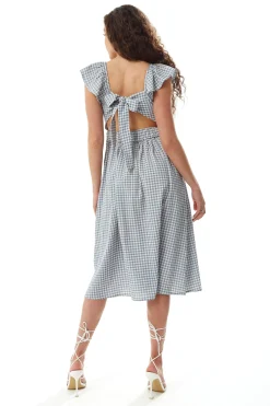 Women's Midi Dress with Frill Sleeves in Blue and Cream Gingham - Cut Out Back and Tie Detail by Liquorish