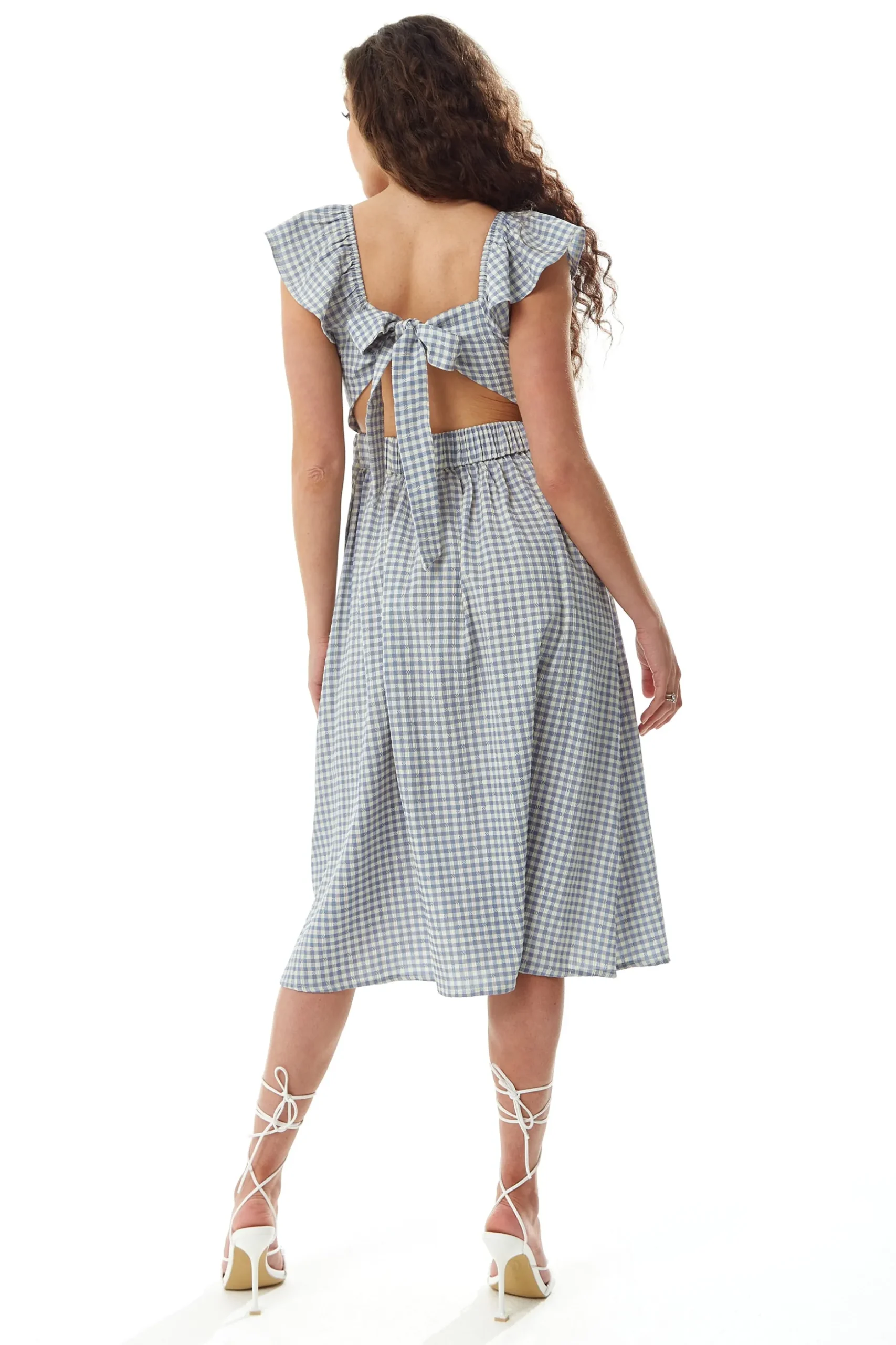 Women's Midi Dress with Frill Sleeves in Blue and Cream Gingham - Cut Out Back and Tie Detail by Liquorish