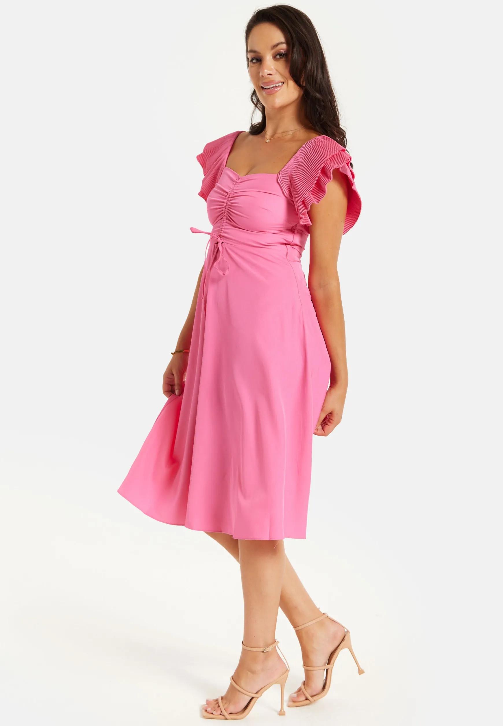 Women's Midi Dress with Frill Sleeves and Ruching Front in Pink - Regular Fit by Liquorish