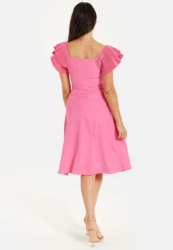 Women's Midi Dress with Frill Sleeves and Ruching Front in Pink - Regular Fit by Liquorish