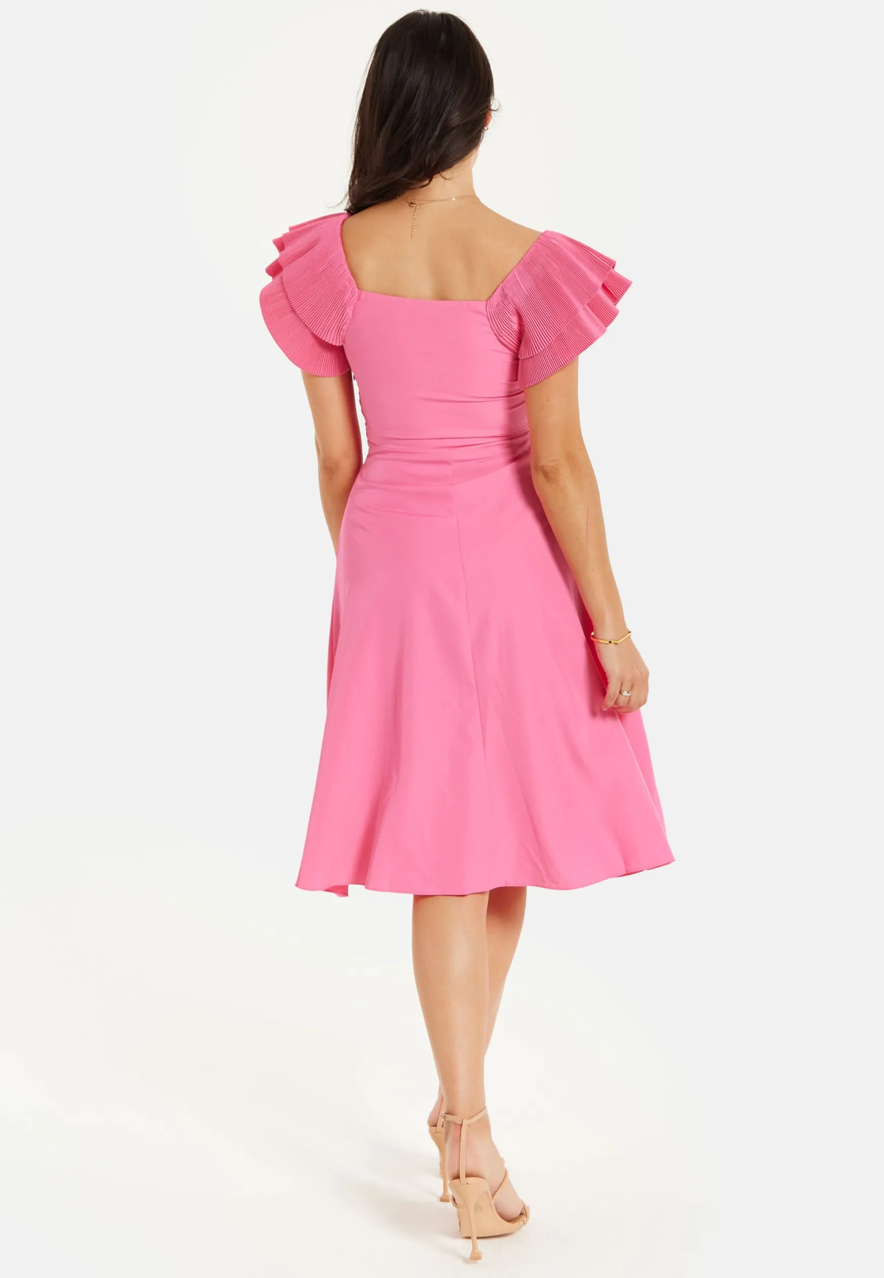 Women's Midi Dress with Frill Sleeves and Ruching Front in Pink - Regular Fit by Liquorish