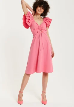 Women's Midi Dress with Frill Sleeves and Ruching Front in Pink - Regular Fit by Liquorish