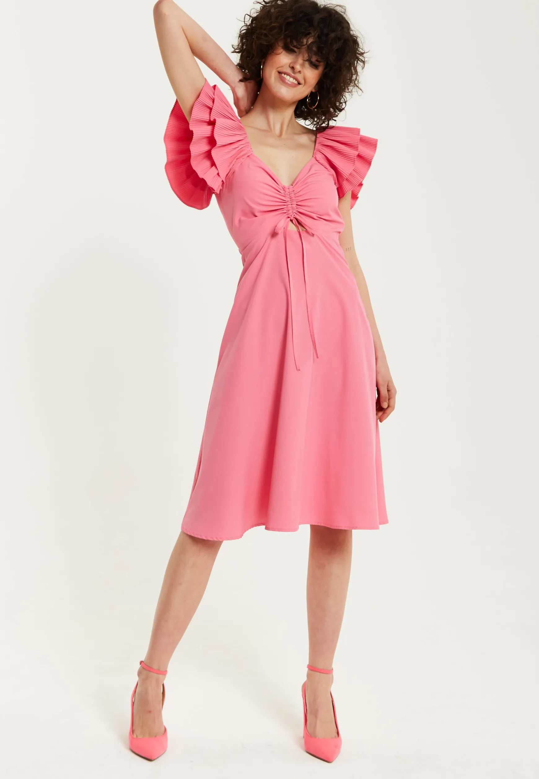 Women's Midi Dress with Frill Sleeves and Ruching Front in Pink - Regular Fit by Liquorish