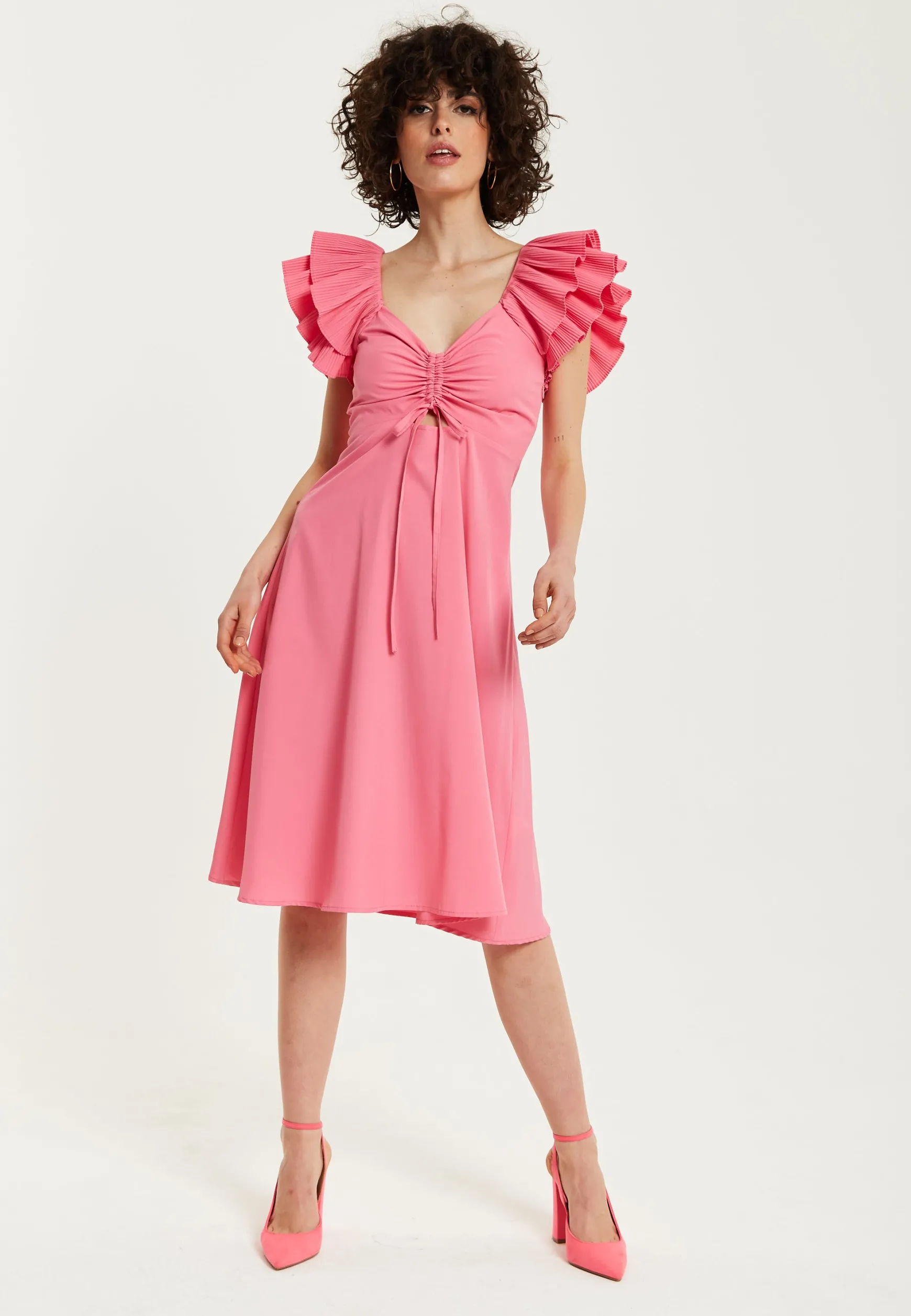 Women's Midi Dress with Frill Sleeves and Ruching Front in Pink - Regular Fit by Liquorish
