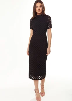 Women's Midi Dress with High Neck, Short Sleeves, Open Back Detail in Black - Liquorish