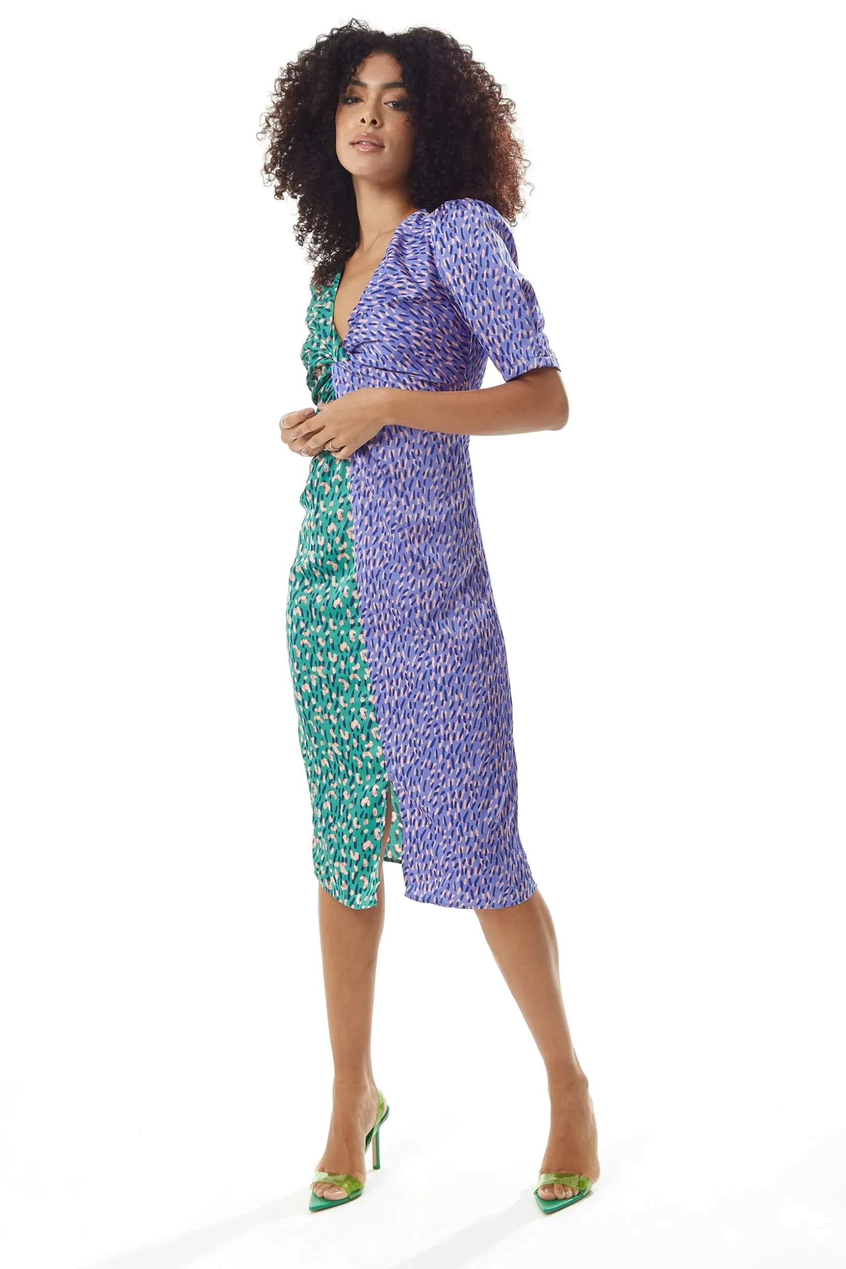 Women's Midi Dress with Knot Front and Short Sleeves in Green and Purple Abstract Print - Liquorish