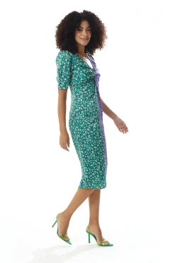 Women's Midi Dress with Knot Front and Short Sleeves in Green and Purple Abstract Print - Liquorish