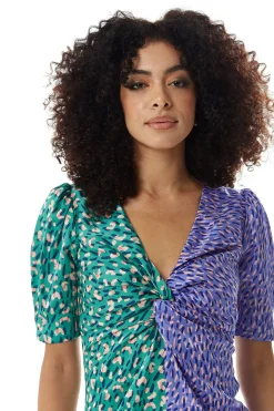 Women's Midi Dress with Knot Front and Short Sleeves in Green and Purple Abstract Print - Liquorish