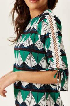 Women's Midi Dress with Lace Sleeves - Geometric Print in Divine Grace - Liquorish