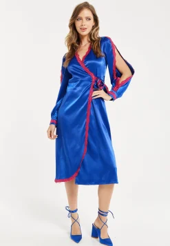 Women's Midi Dress with Long Sleeves in Royal Blue Satin - Elegant Wrap Style by Liquorish