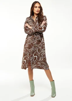 Women’s Midi Dress with Long Sleeves in Brown - Stylish Scribble Print by Liquorish