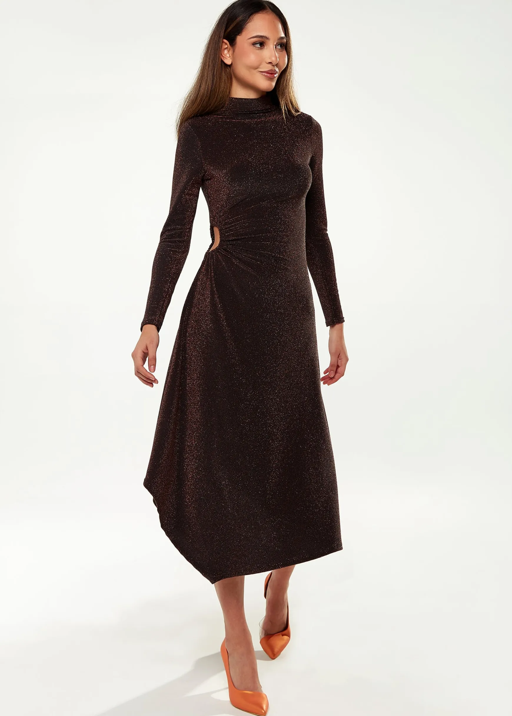 Women's Midi Dress with Long Sleeves in Sparkly Bronze - Exclusive Liquorish