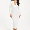 Women’s Midi Dress with Long Sleeves in White - Cut Out Front Ribbed Knit Design by Liquorish