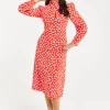 Women's Midi Dress with Long Balloon Sleeves in Red - Heart Print Elegance by Liquorish