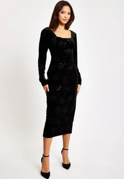 Women's Midi Dress with Long Balloon Sleeves in Black Velvet - Corset Detail by Liquorish