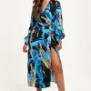 Women's Midi Dress with Long Sleeves in Multicolour Abstract Print - Stylish Wrap Design by Liquorish