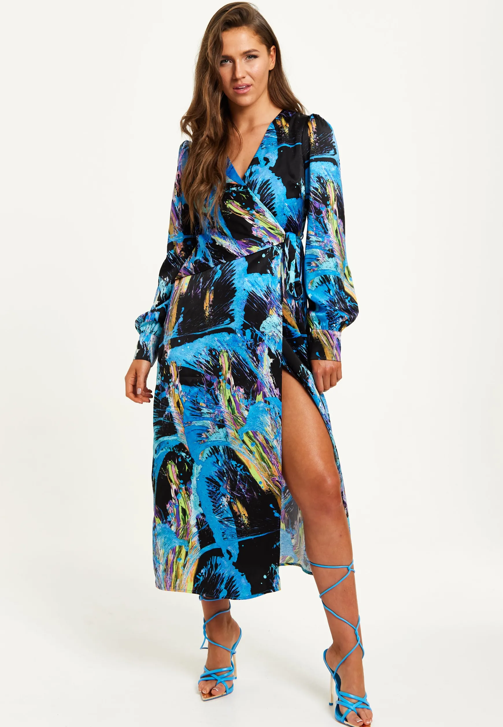 Women's Midi Dress with Long Sleeves in Multicolour Abstract Print - Stylish Wrap Design by Liquorish