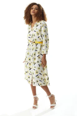 Women's Midi Dress with Long Sleeves in White and Yellow Floral Print, Perfect for Spring - Liquorish